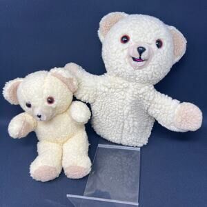 Russ Snuggle Bear Plush Set Cream 12" Puppet 8" Seated Teddy VTG 1997 1986
